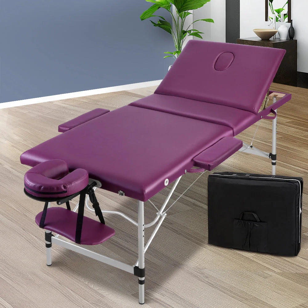 Massage Table Aluminium 3‑Fold 75 cm Portable Purple