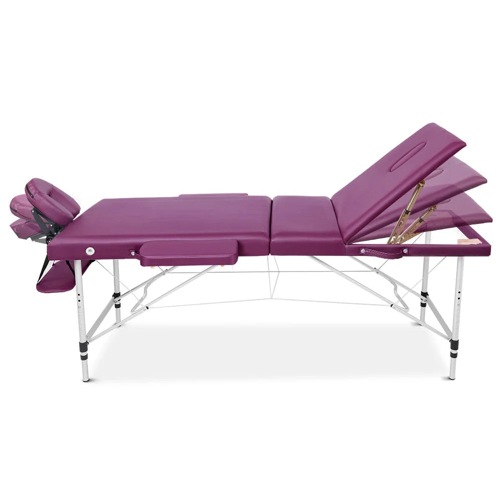 Massage Table Aluminium 3‑Fold 75 cm Portable Purple