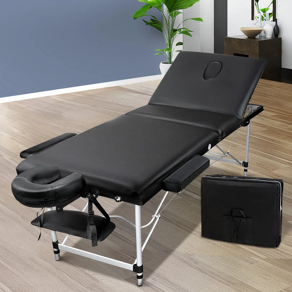Massage Table Aluminium 3-Fold Portable Black - Massage