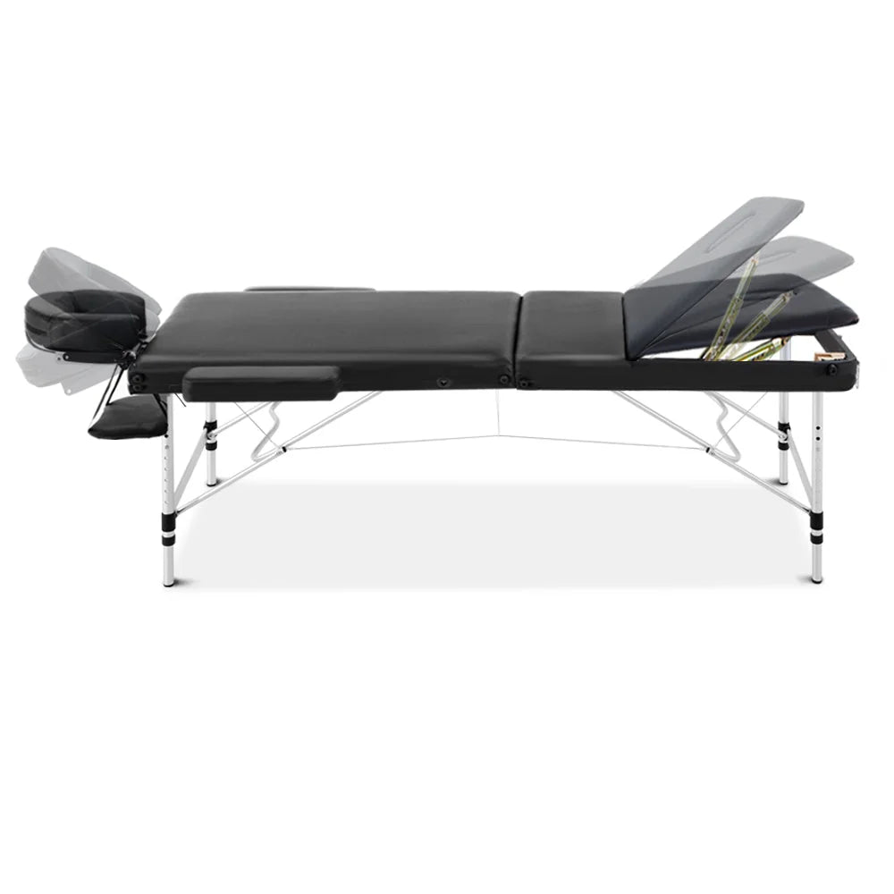 Massage Table Aluminium 3-Fold Portable Black - Massage