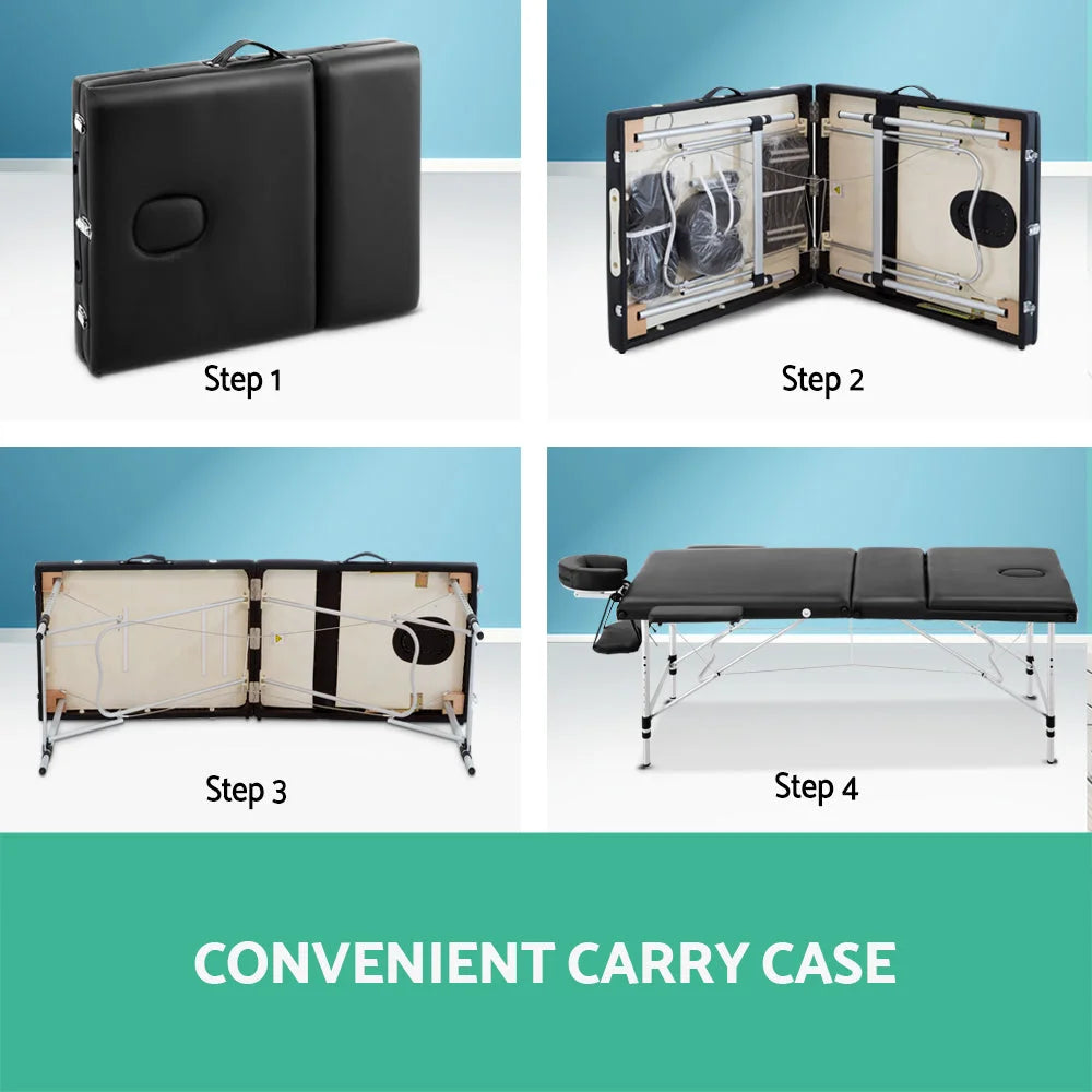 Massage Table Aluminium 3-Fold Portable Black - Massage