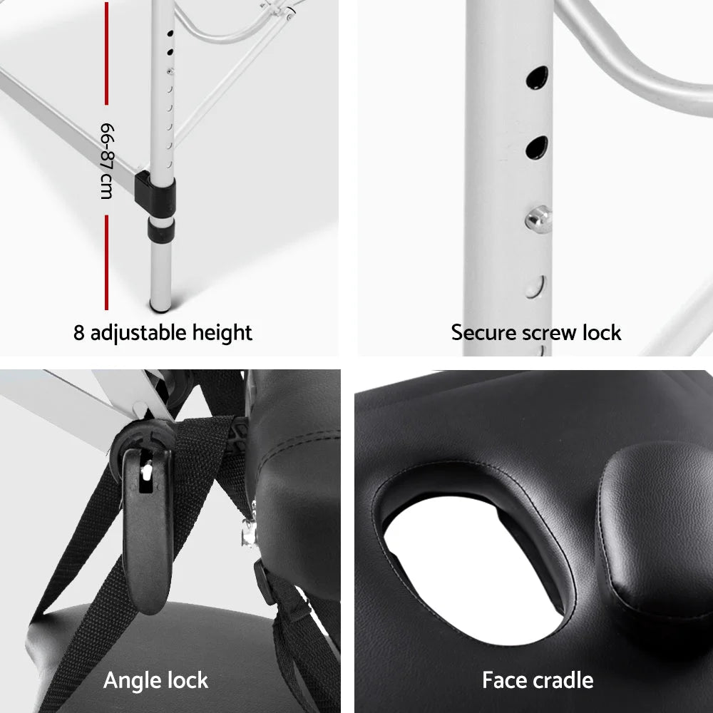 Massage Table Aluminium 3-Fold Portable Black - Massage