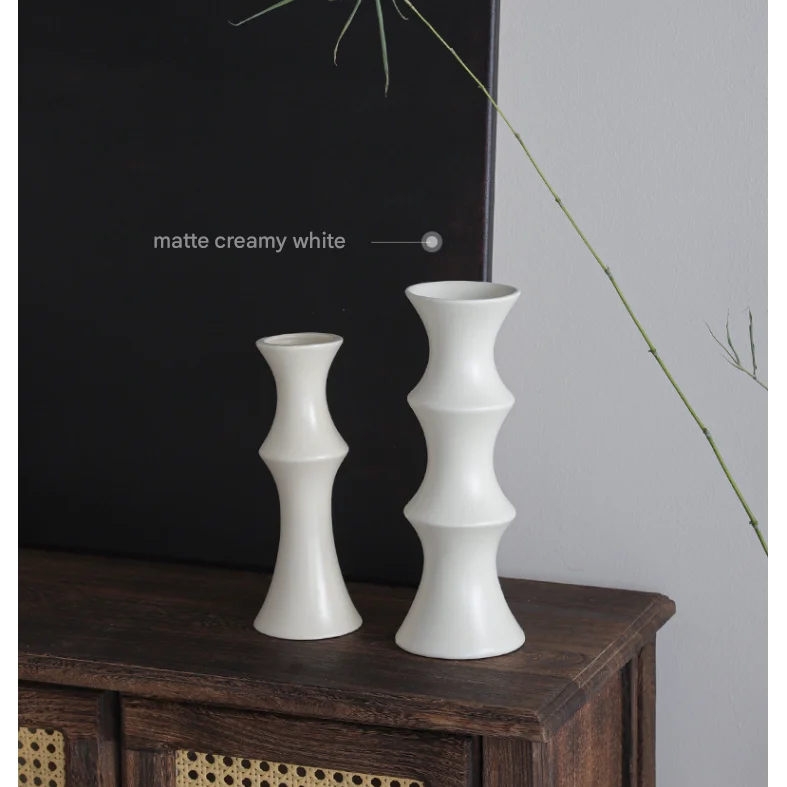 Matte White Ceramic Vase - Unique Bamboo Shape Design