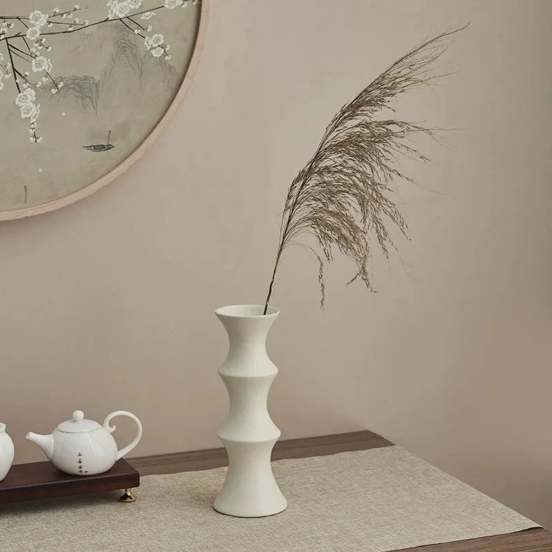 Matte White Ceramic Vase - Unique Bamboo Shape Design