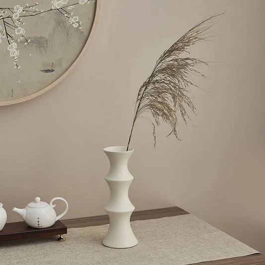 Matte White Ceramic Vase - Unique Bamboo Shape Design
