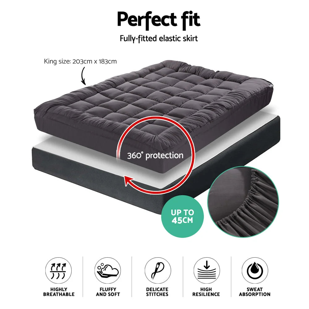 Mattress Topper King 1000gsm Pillowtop with Charcoal Microfibre Bamboo Fibre Filling Protector