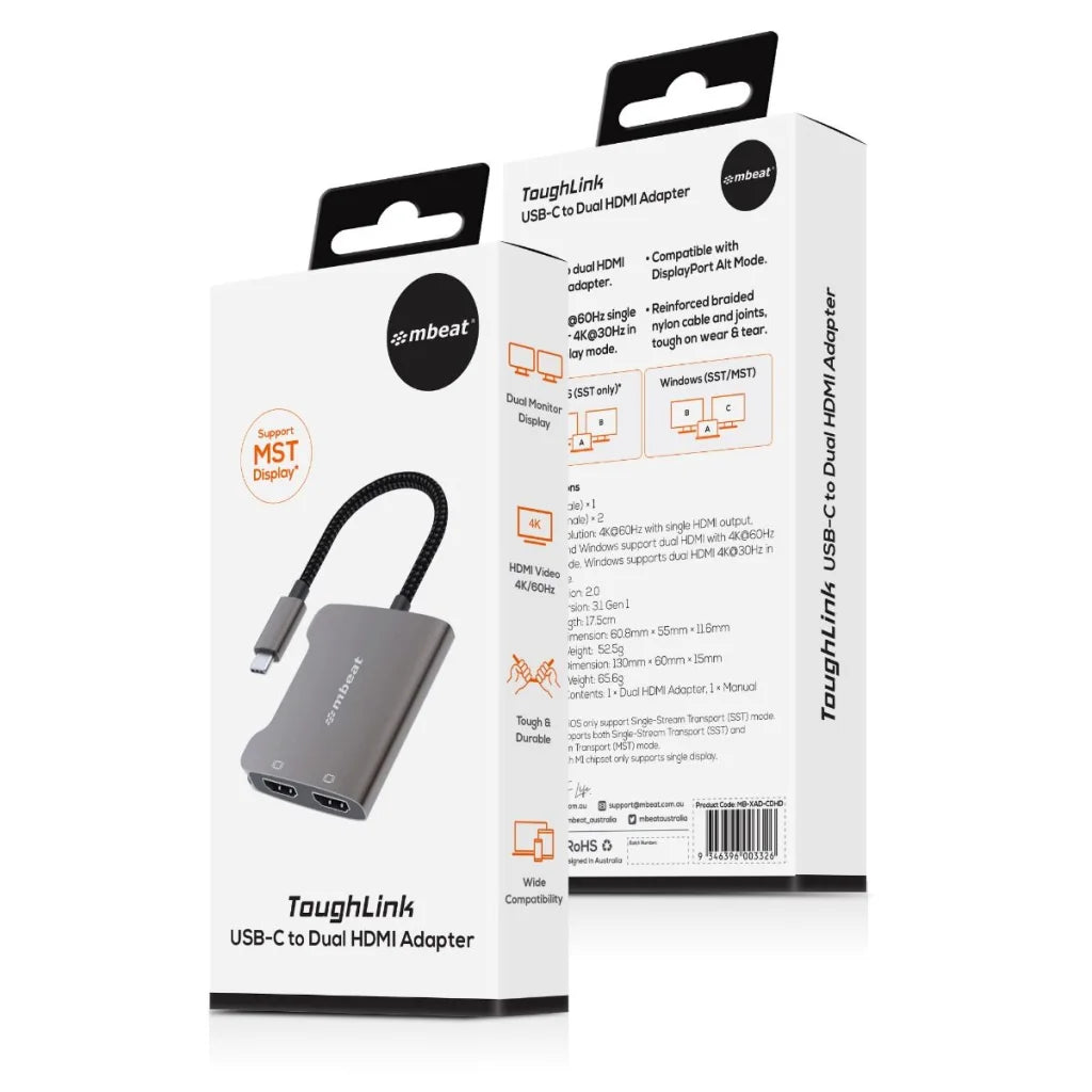 mbeat Tough Link USB-C to Dual 4K HDMI Adapter - Space Grey