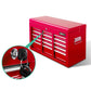 Red tool box cabinet with garage tool drawers and wheeled base
