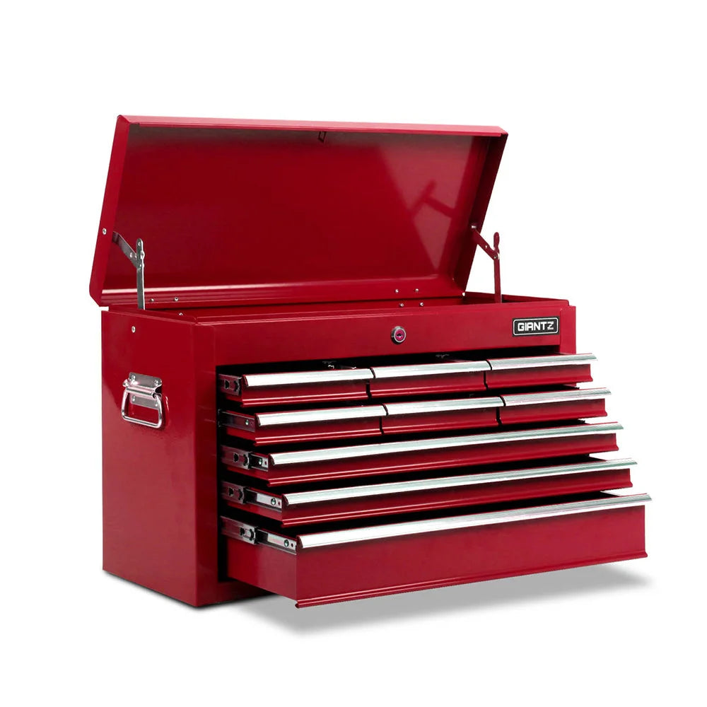 Red tool box cabinet with tool drawers and side handles