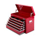 Red tool box cabinet with drawer fronts and rolling caster wheels