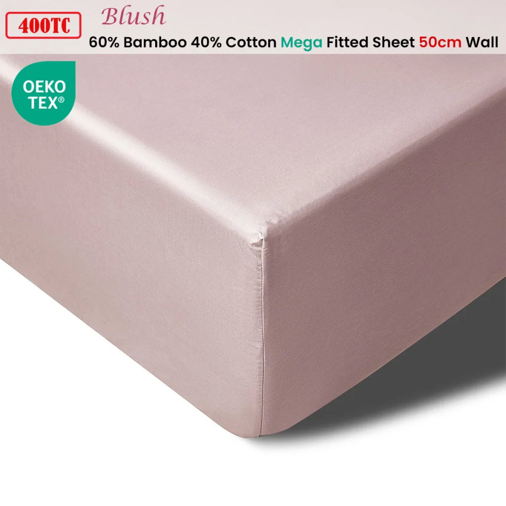 Mega/Super Fitted Sheet King 400TC Blush Bamboo Cotton 50cm