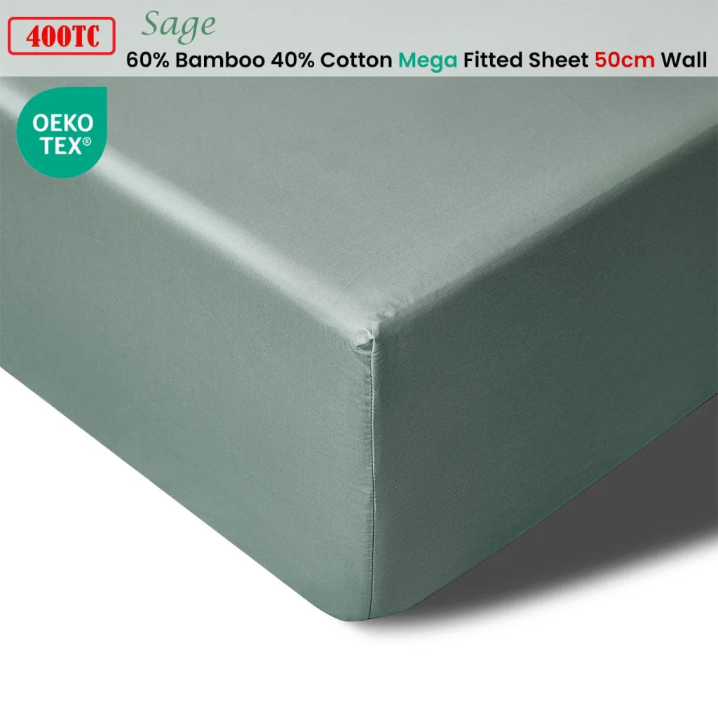 Mega/Super Fitted Sheet King 400TC Sage Bamboo Cotton 50cm