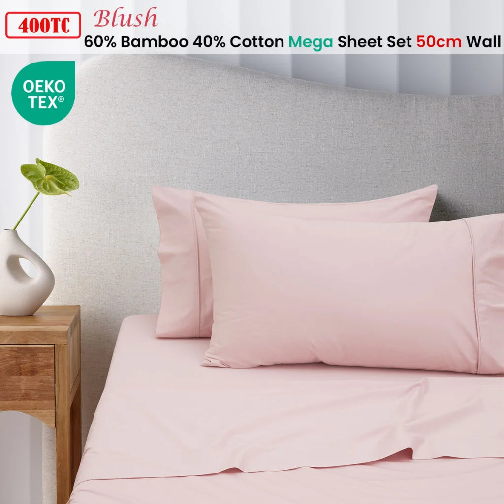 Mega/Super Sheet Set King 400TC Blush Bamboo Cotton 50cm