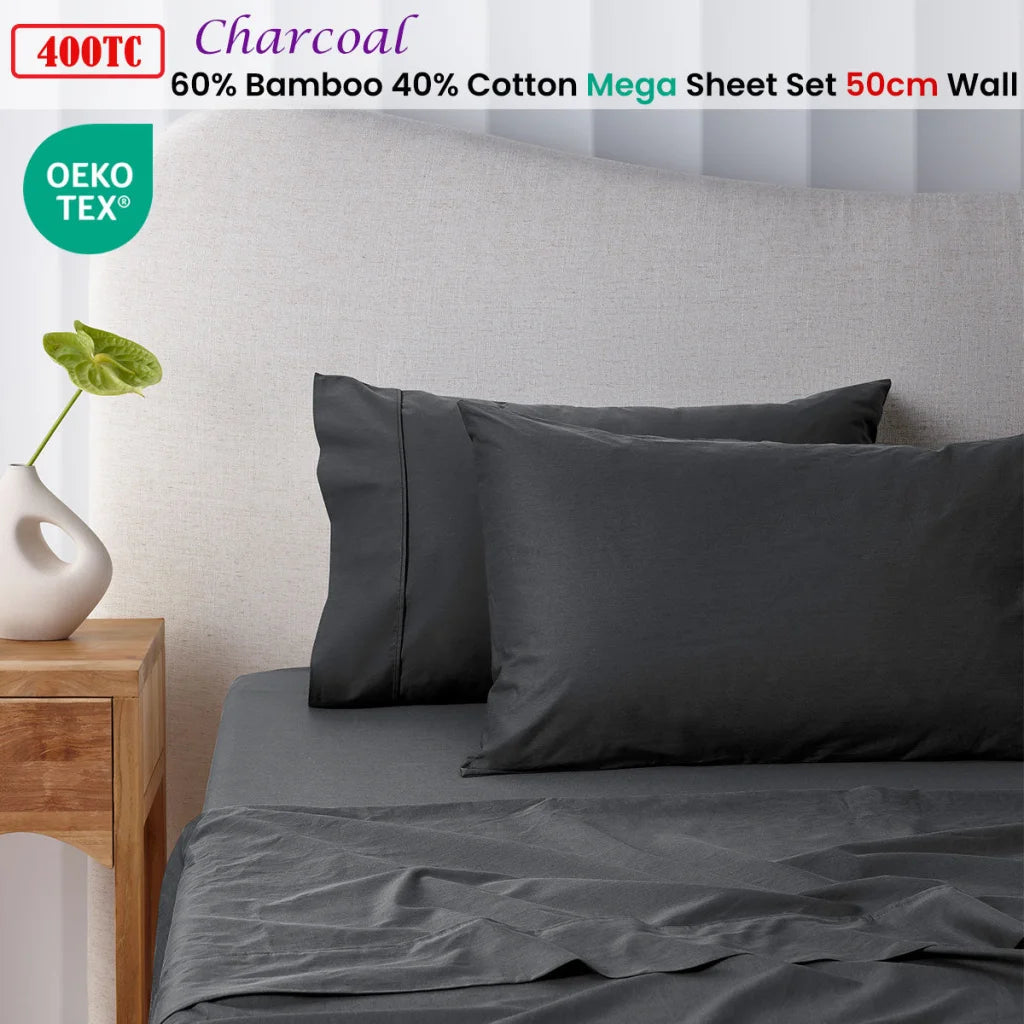 Mega/Super Sheet Set King 400TC Charcoal Bamboo Cotton 50cm