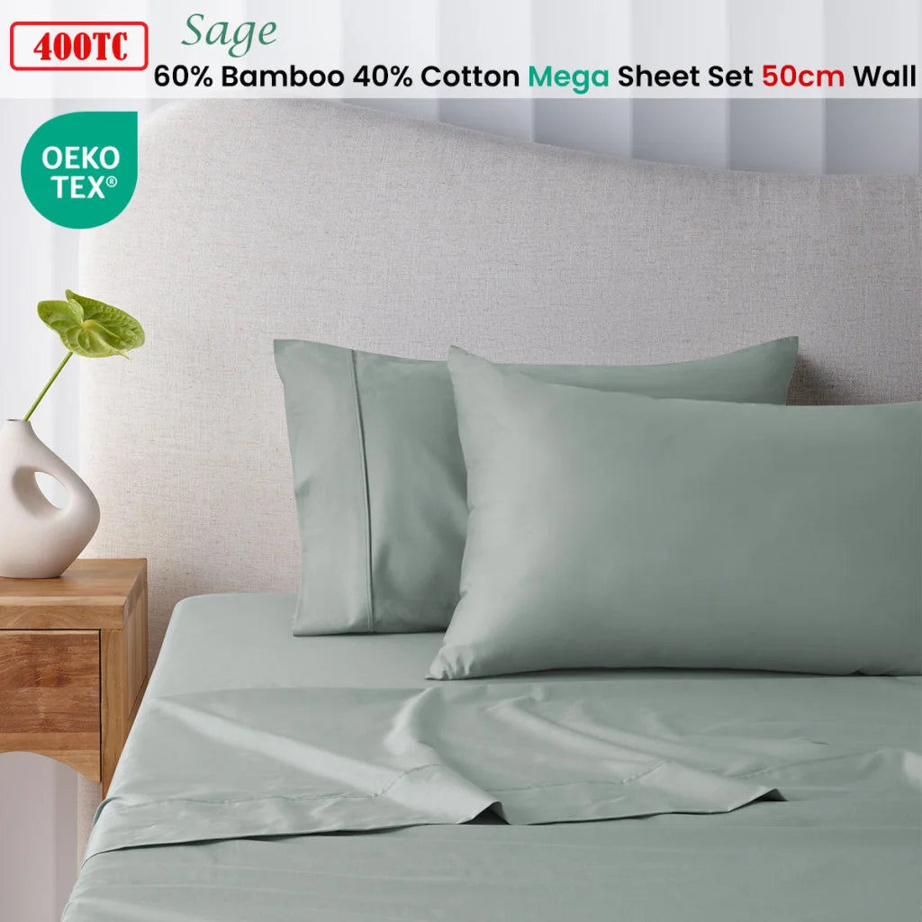 Mega/Super Sheet Set King 400TC Sage Bamboo Cotton 50cm