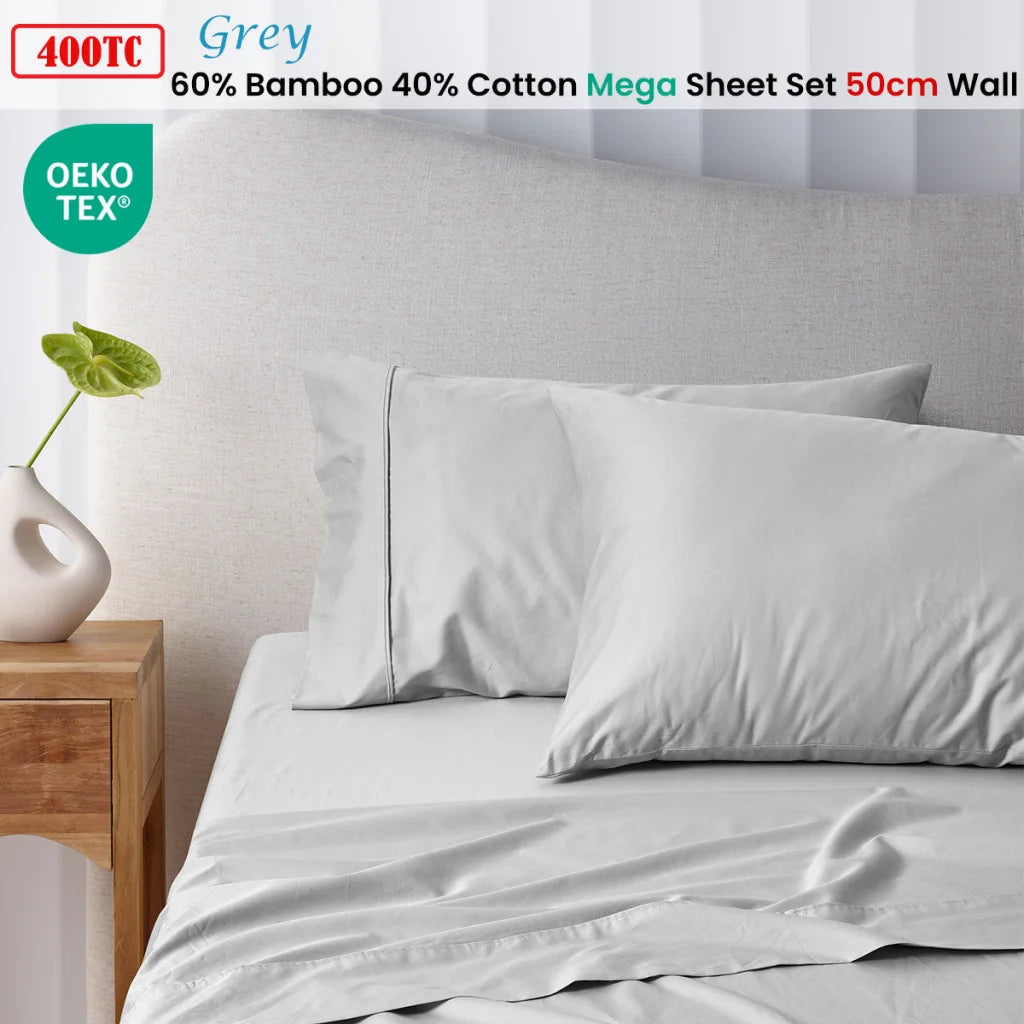 Mega/Super Sheet Set Queen 400TC Grey Bamboo Cotton 50cm