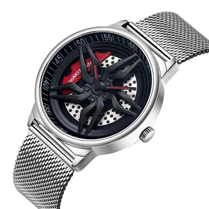 Men 360 Degree Hollow Dial Mesh Strap Quartz Watch