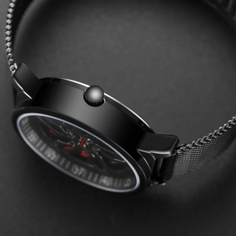 Men 360 Degree Hollow Dial Mesh Strap Quartz Watch