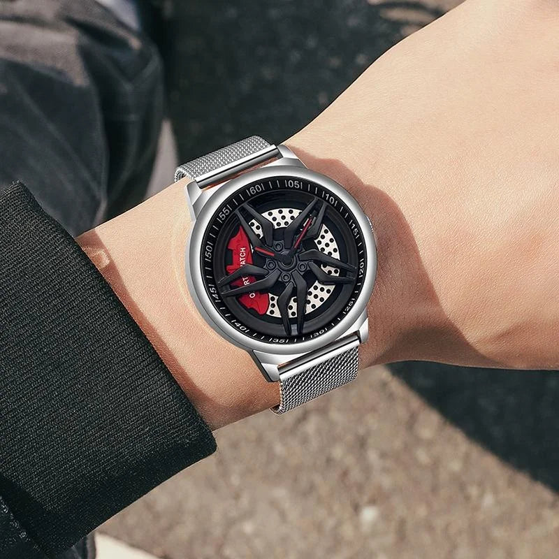 Men 360 Degree Hollow Dial Mesh Strap Quartz Watch