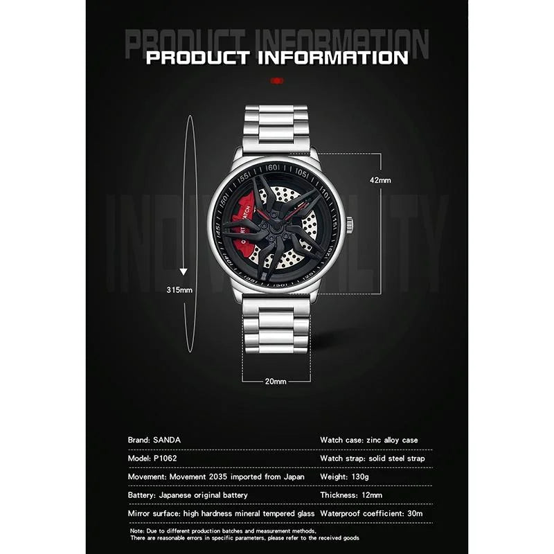 Men 360 Degree Hollow Spinning Dial Quartz Watch with Steel