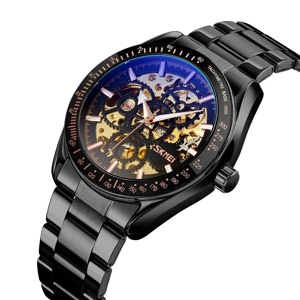 Men Automatic Mechanical Watch with Gear Dial - Black