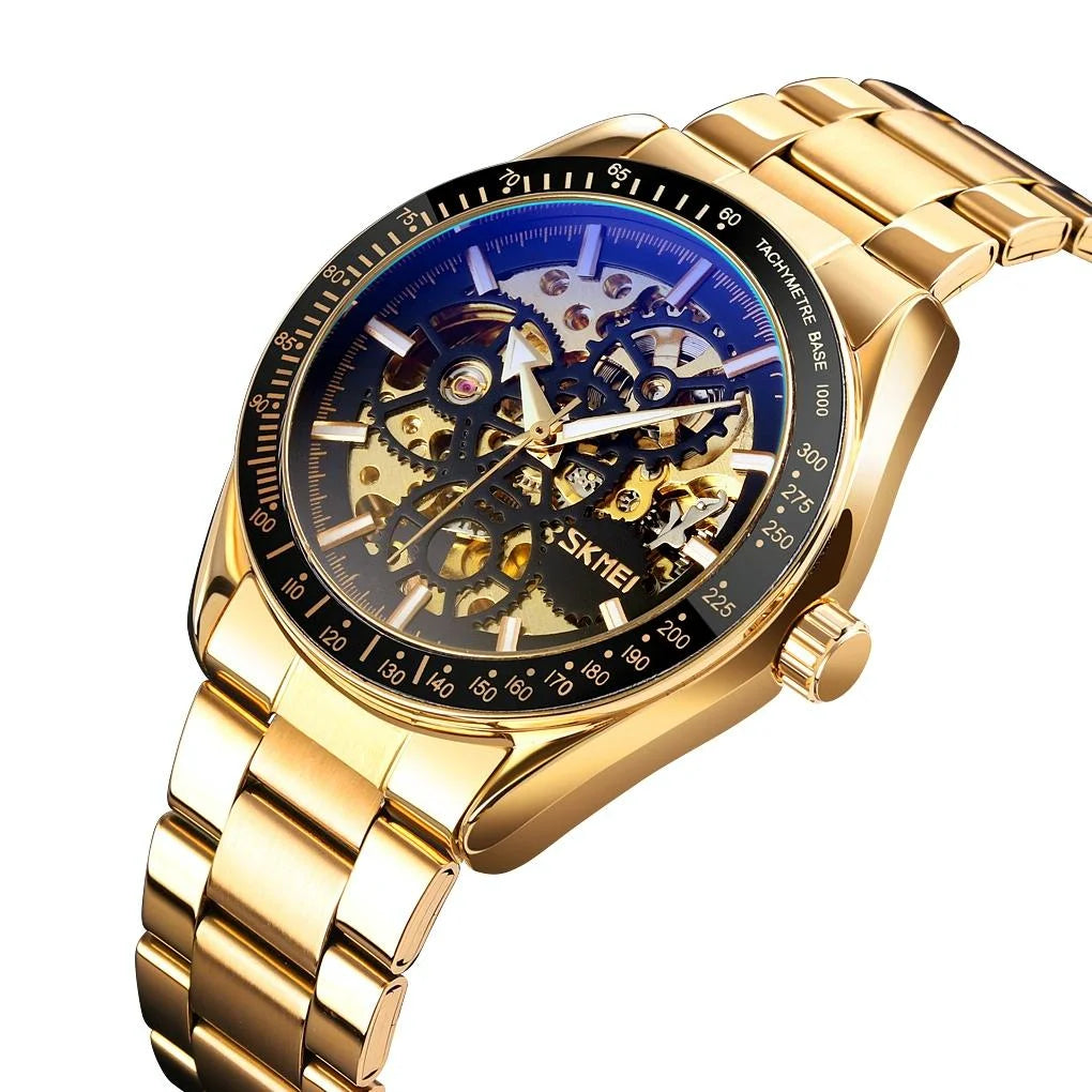 Men Automatic Mechanical Watch with Gear Dial - Black