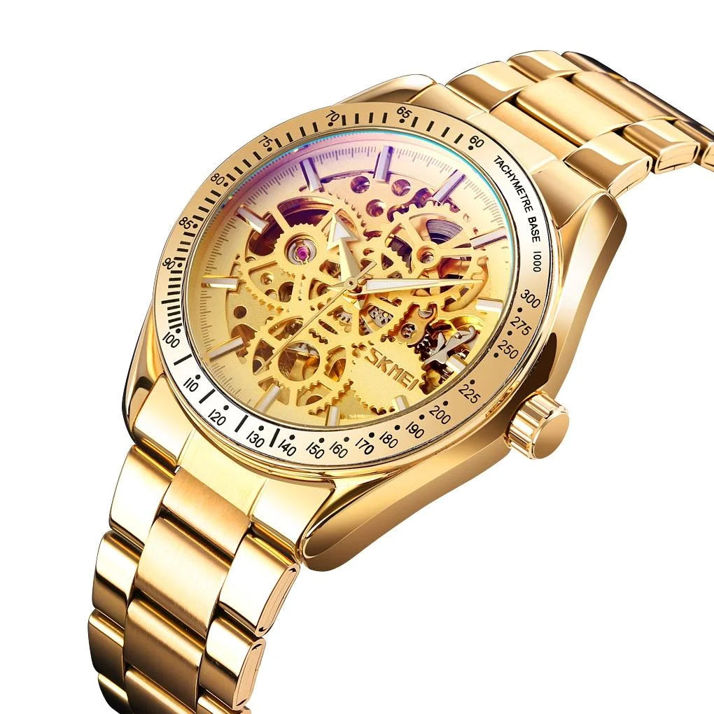 Men Automatic Mechanical Watch with Gear Dial - Black