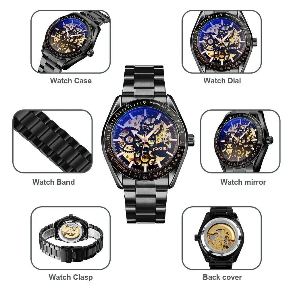Men Automatic Mechanical Watch with Gear Dial - Black