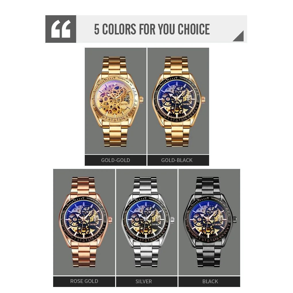 Men Automatic Mechanical Watch with Gear Dial - Gold Black