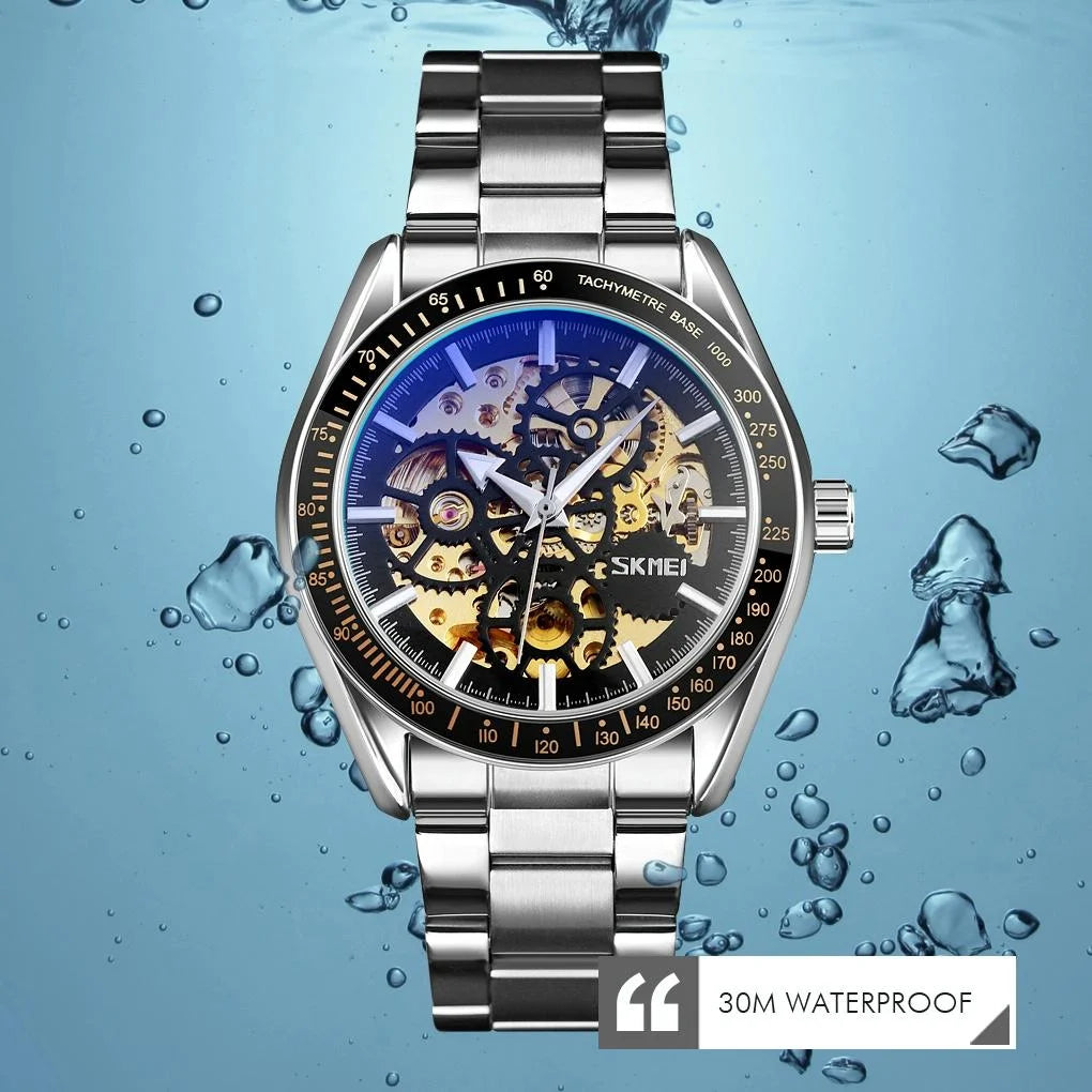Men Automatic Mechanical Watch with Gear Dial - Gold
