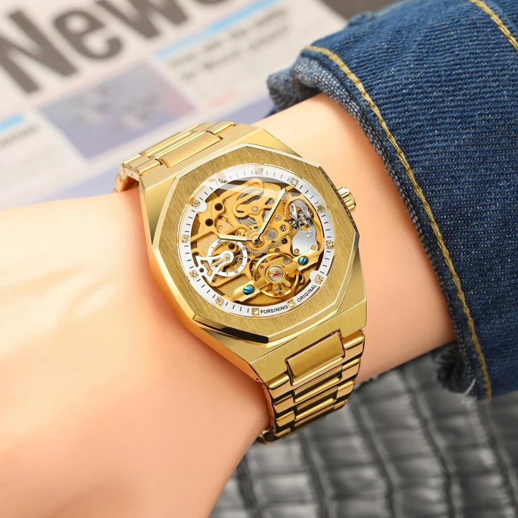 Men Automatic Mechanical Watch with Luminous Dial and Steel