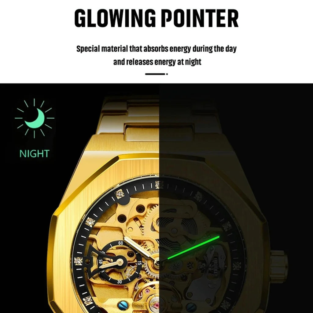 Men Automatic Mechanical Watch with Luminous Dial and Steel
