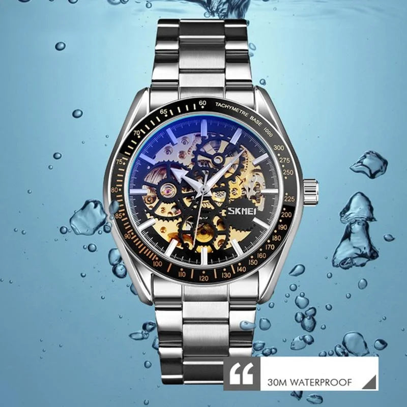 Men Automatic Skeleton Mechanical Watch with Steel Band
