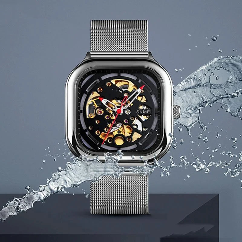 Men Automatic Tourbillon Watch with Hollow Square Mesh