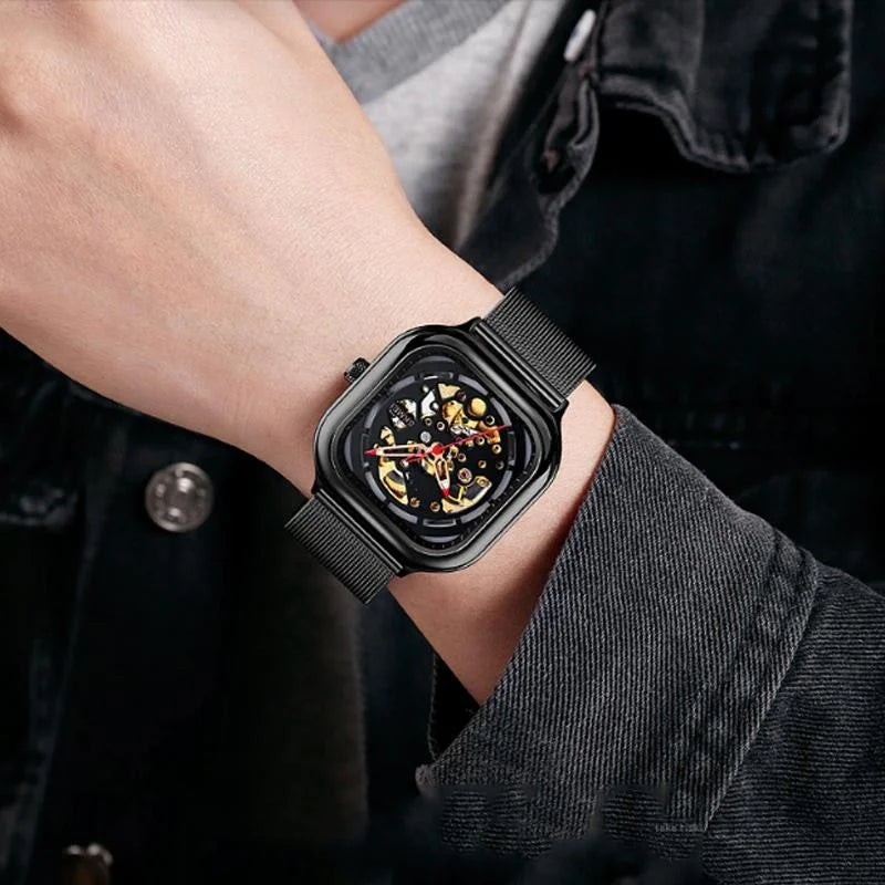 Men Automatic Tourbillon Watch with Hollow Square Mesh
