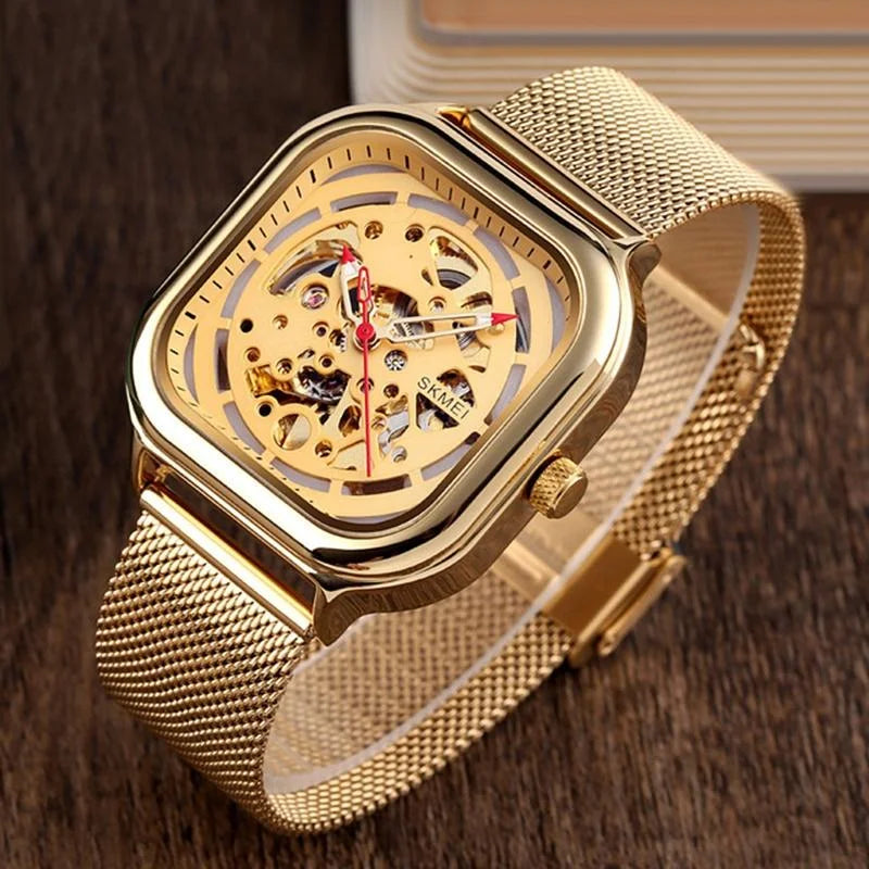 Men Automatic Tourbillon Watch with Mesh Band - Rose Gold