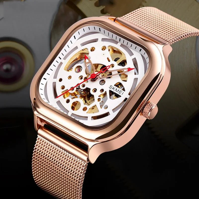 Men Automatic Tourbillon Watch with Mesh Band - Rose Gold