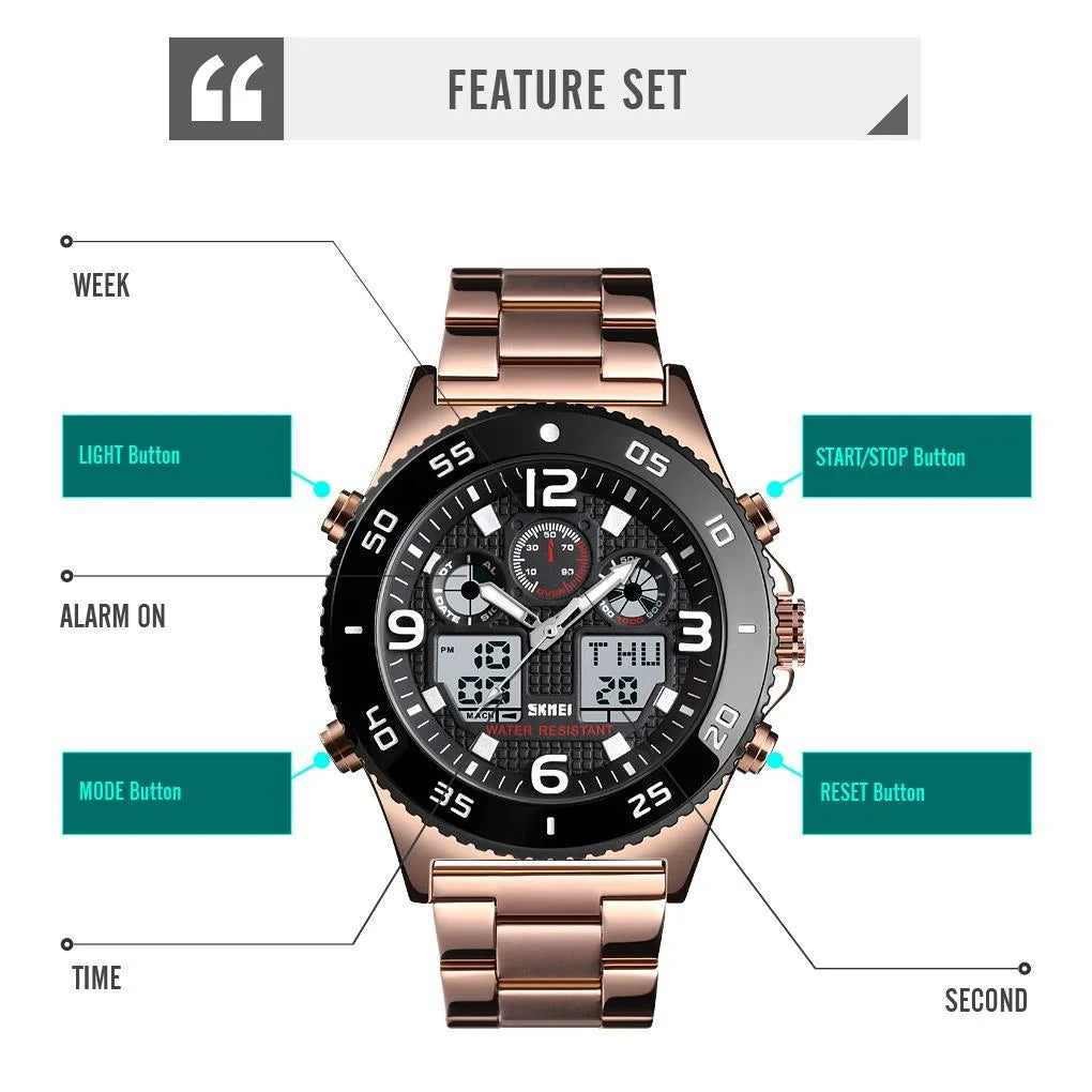 Men Casual Sports Watch with Large Dial and Steel Band