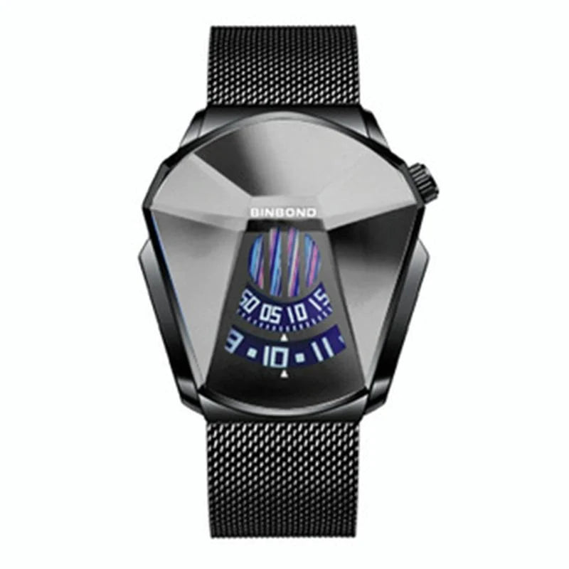 Men Diamond Dial Quartz Watch - Locomotive Concept - Black