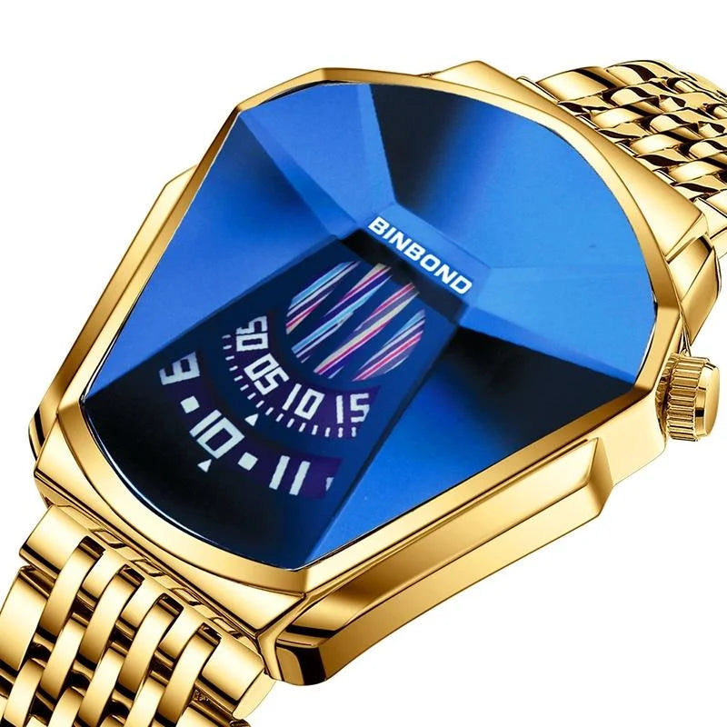 Men Diamond Dial Quartz Watch - Locomotive Concept - Gold