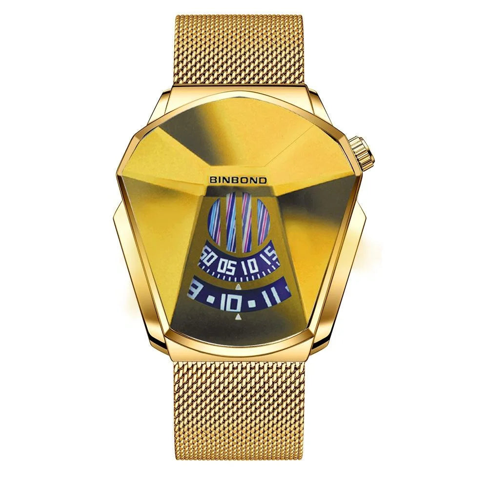 Men Diamond Dial Quartz Watch - Locomotive Concept - Gold
