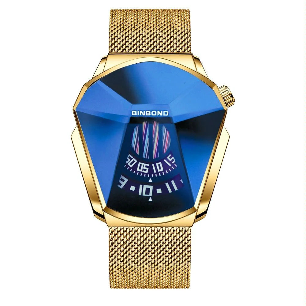 Men Diamond Dial Quartz Watch - Locomotive Concept - Gold