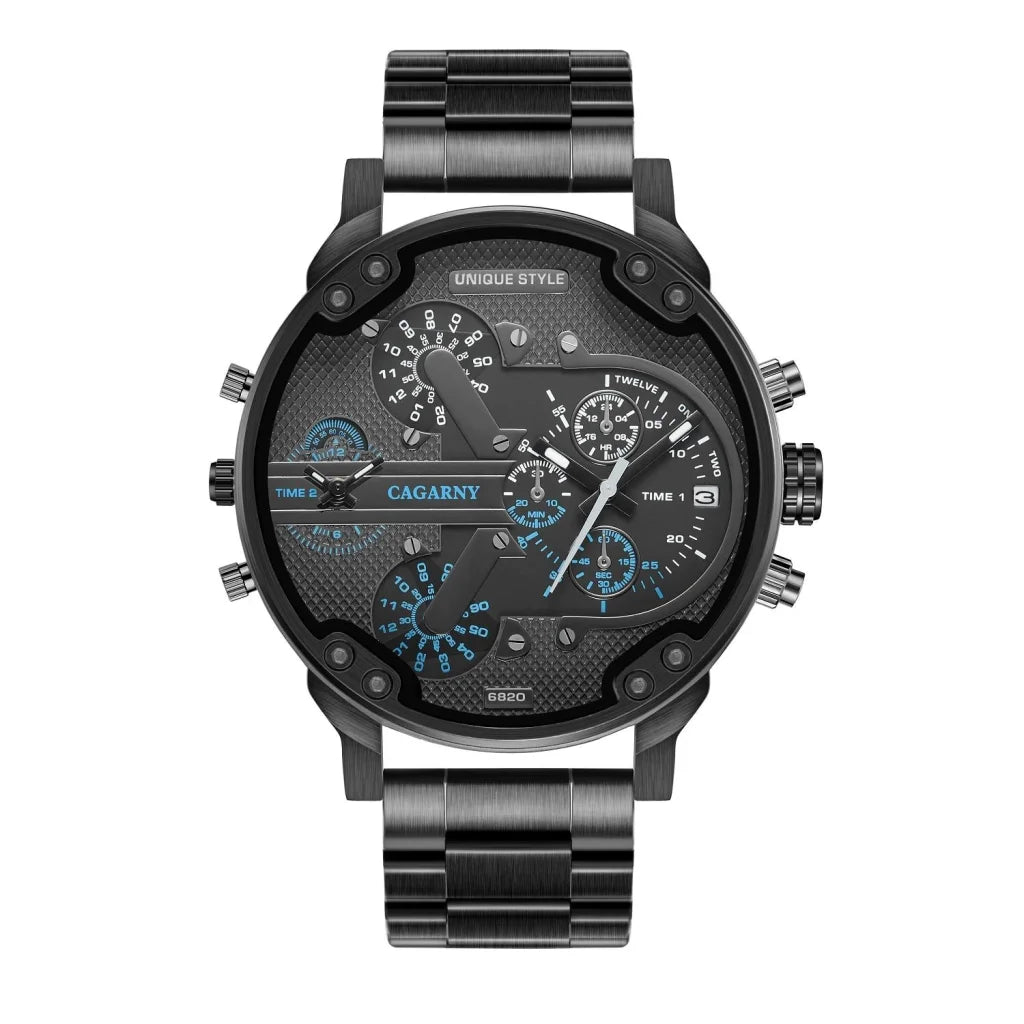 Men Dual Movement Steel Quartz Watch with Blue Face