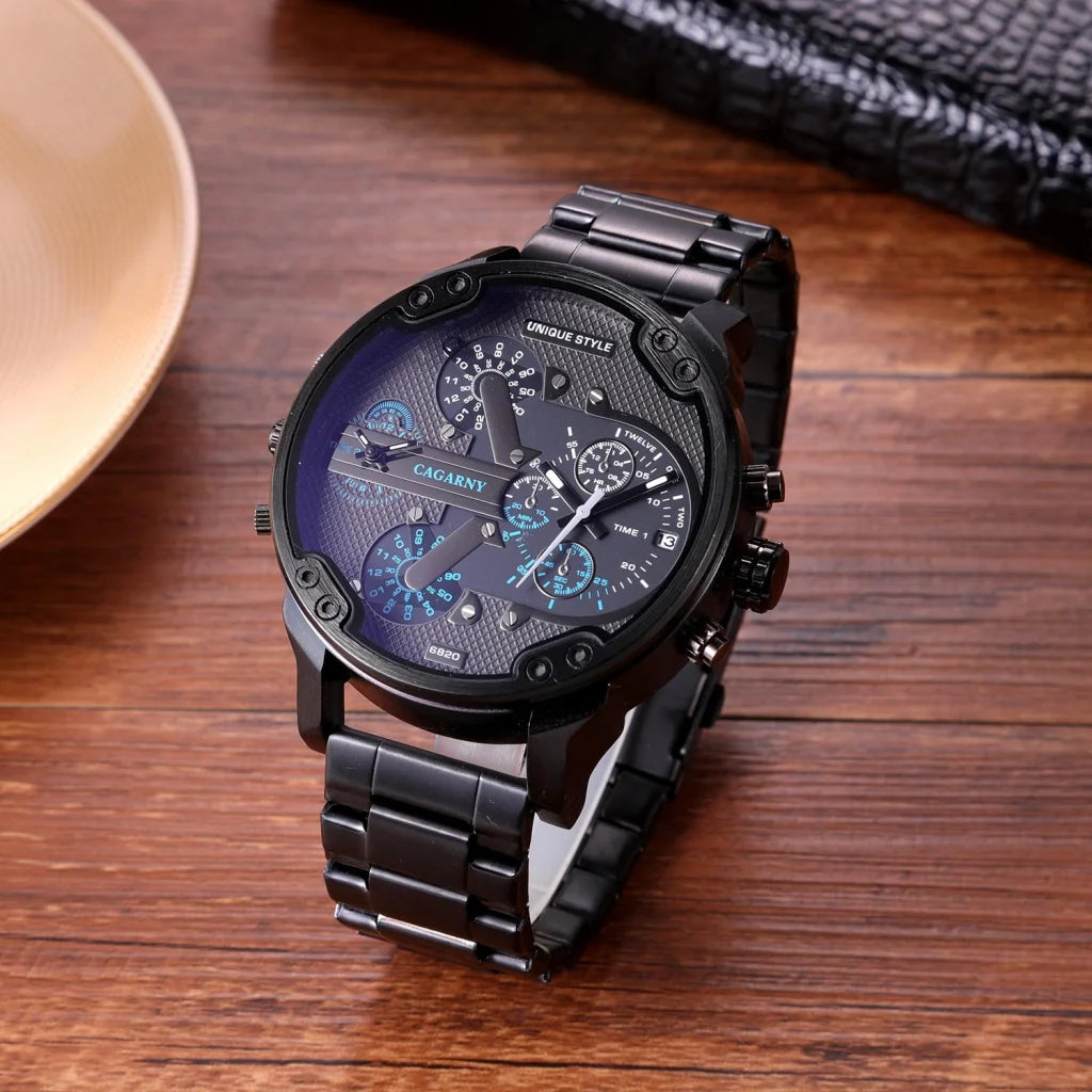 Men Dual Movement Steel Quartz Watch with Blue Face