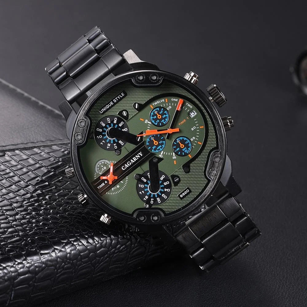 Men Dual Movement Steel Quartz Watch with Green Face