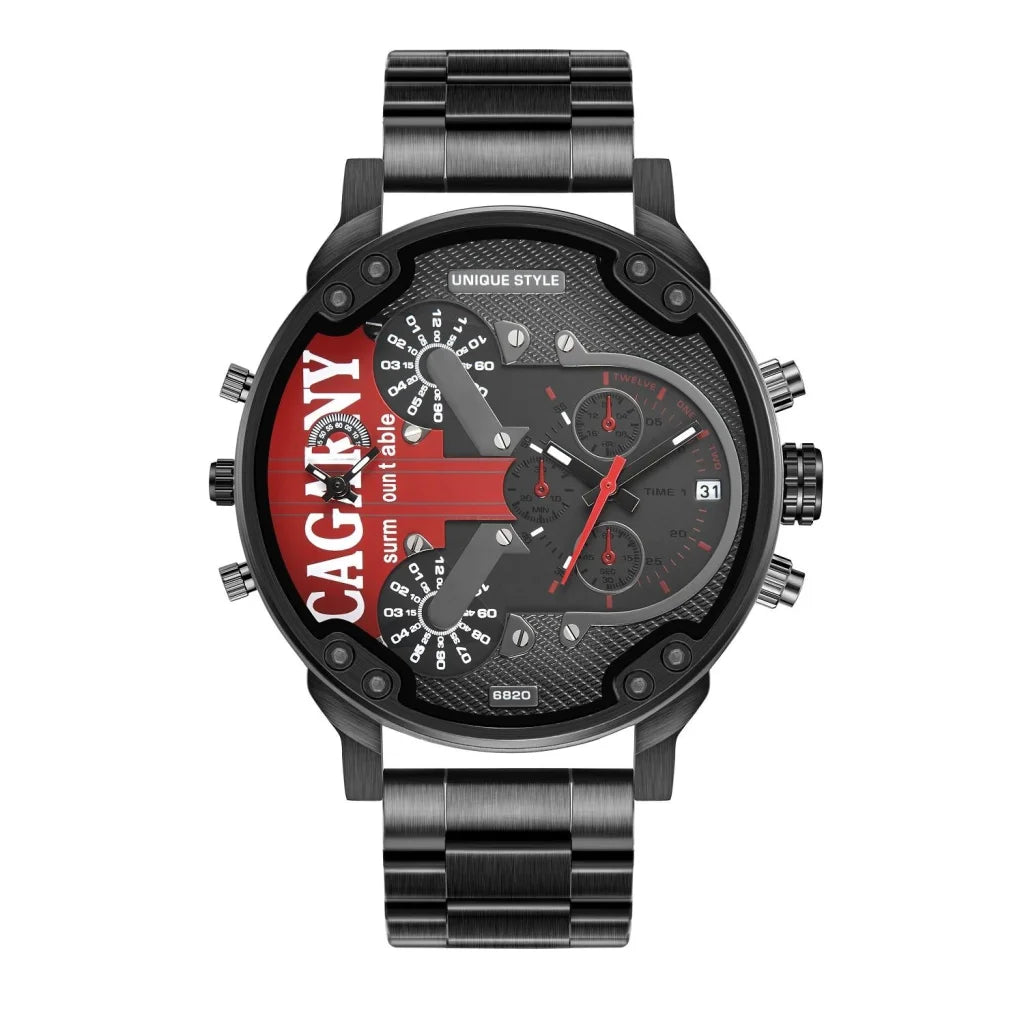 Men Dual Movement Steel Quartz Watch with Red Face