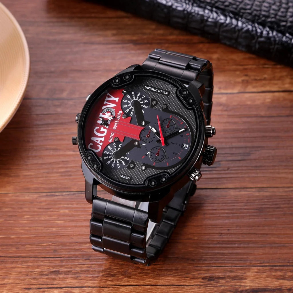 Men Dual Movement Steel Quartz Watch with Red Face