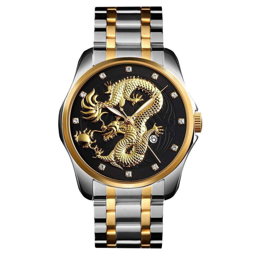 Men Golden Dragon Calendar Dial Quartz Watch with Luminous