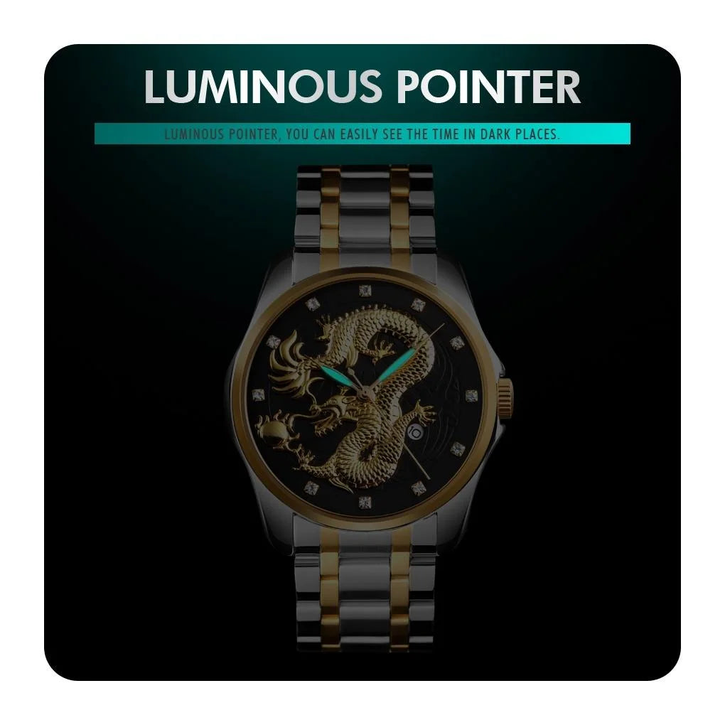 Men Golden Dragon Calendar Dial Quartz Watch with Luminous