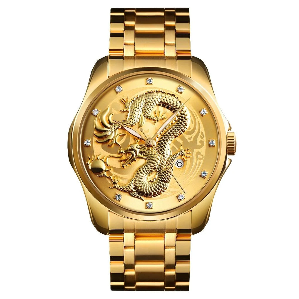 Men Golden Dragon Calendar Dial Quartz Watch with Luminous